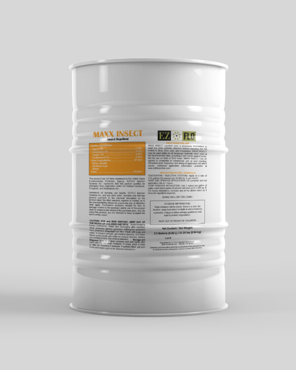 A white barrel with an orange label on it, containing MAXX INSECT - Broad Spectrum Pest Repellent (Mosquitoes, Fleas, Ticks & More) for mosquitoes.