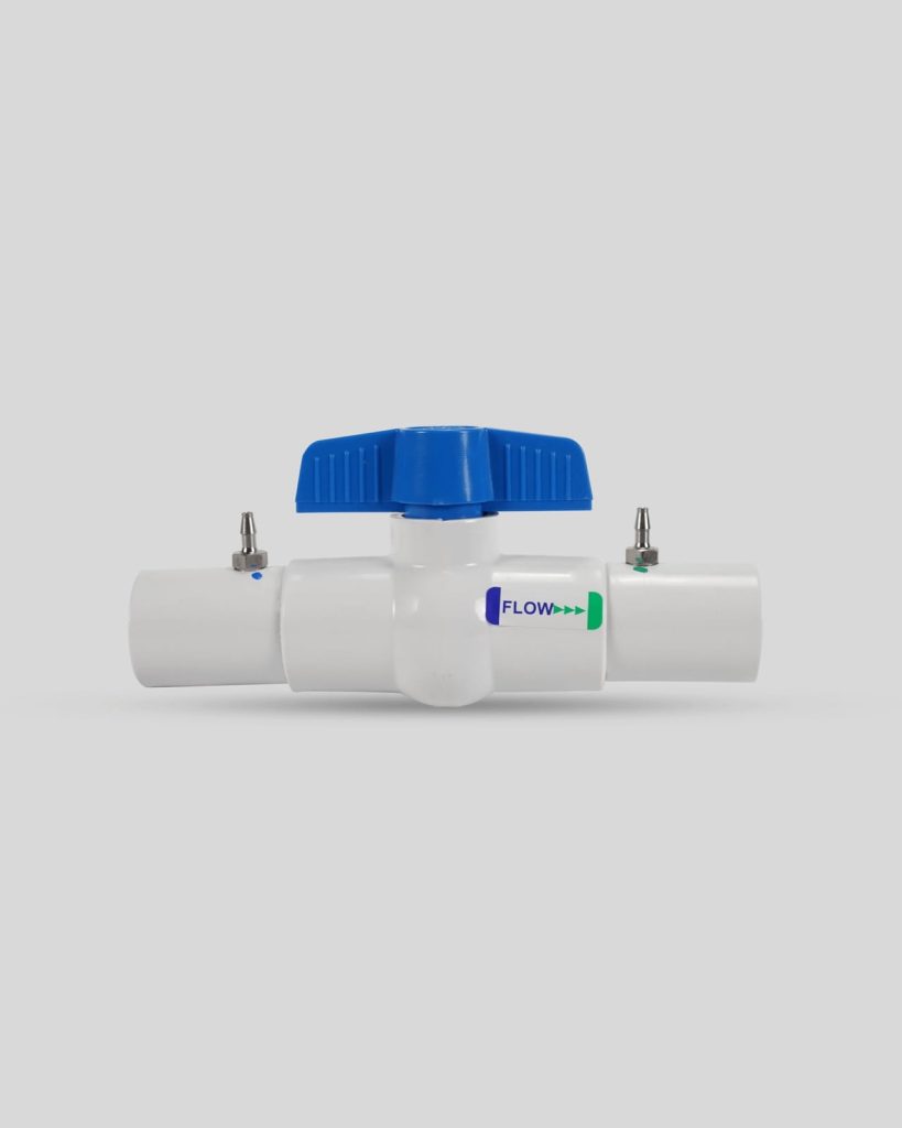 White plastic EZ-FLO flow control ball valve with a blue handle, directional flow label, and two small metal coupling connections on each side, photographed against a plain light background.