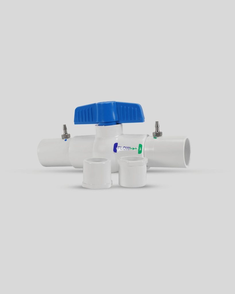 White PVC pipe assembly, Import placeholder,1126, with a blue-handled valve and two small side valves, accompanied by three white pipe fittings, displayed on a plain background.