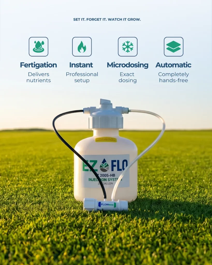 EZ-FLO 3/4 Gallon Fertilizer Injection System on grass field, featuring icons and text that highlight fertigation, instant setup, precise microdosing, and automatic hands-free operation.