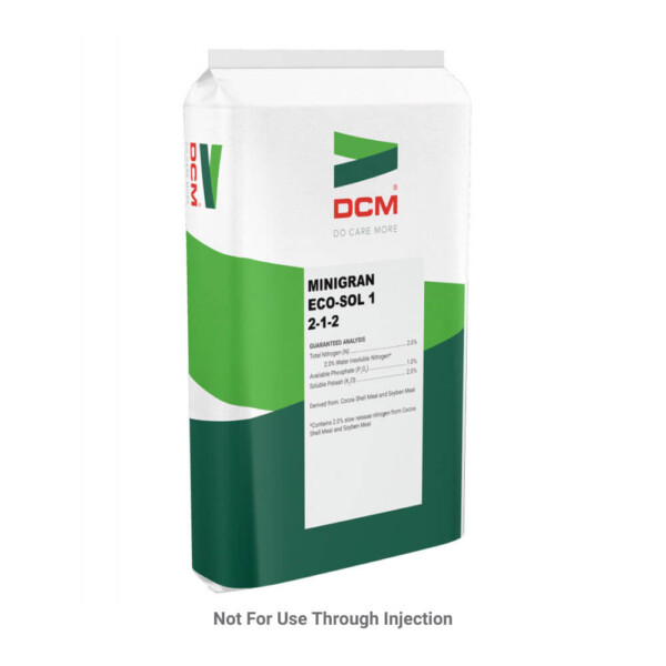 Container of DCM Minigran Eco-Sol 1 fertilizer with prominent labels, including a warning "not for use through injection.