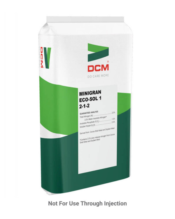 Container of DCM Minigran Eco-Sol 1 fertilizer with prominent labels, including a warning "not for use through injection.