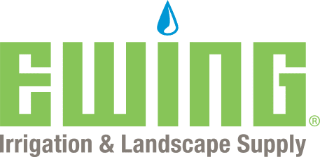 Ewing Irrigation & Landscape Supply logo with "Ewing" in large green letters, a blue water drop above, and "Irrigation & Landscape Supply" in smaller gray text below.