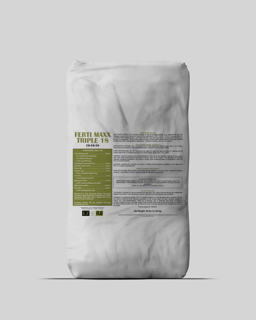 A white bag labeled "Ferti Maxx Triple 18 18-18-18" with product information in black text on a green and white label, marked with Import placeholder code 2961.
