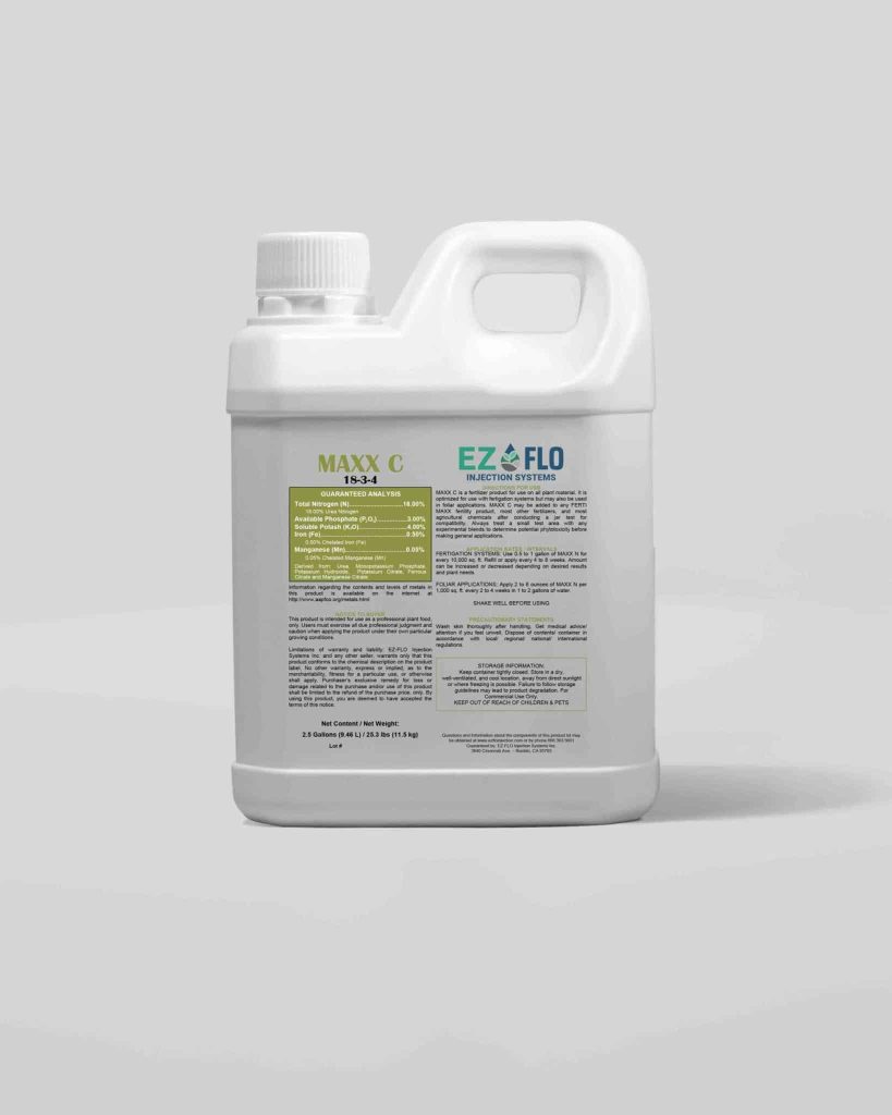 A white plastic container labeled "MAXX C 13-0-4" and "EZ-FLO," featuring product information and instructions, sits against a plain gray background. Import placeholder code 3012 is noted on the label for easy identification.