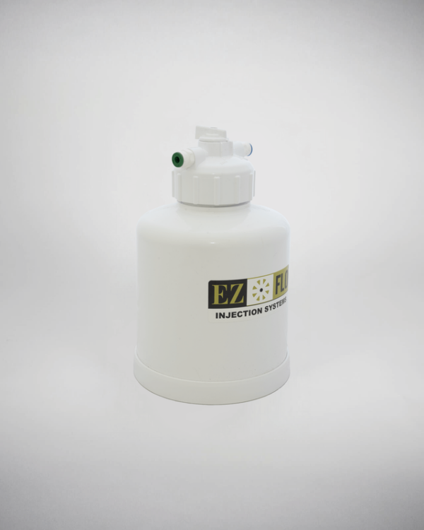 White EZ-FLO-1 injection system fertilizer tank with a green cap on a plain background.