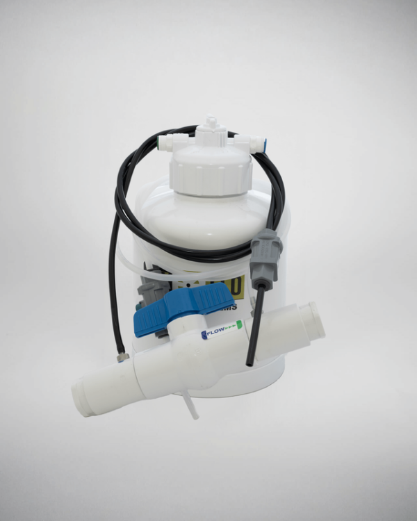 A white and blue pool pump with attached hoses and fittings, isolated on a gray background.