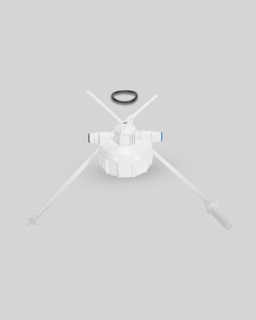 White plastic container cap, Import placeholder,1135, with three attached dip tubes, a shut-off valve, and a black O-ring, displayed on a plain gray background.