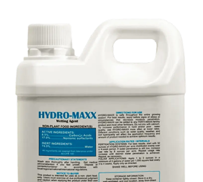 A white plastic container labeled "HYDRO-MAXX Wetting Agent" with usage instructions and ingredient information printed on the front.