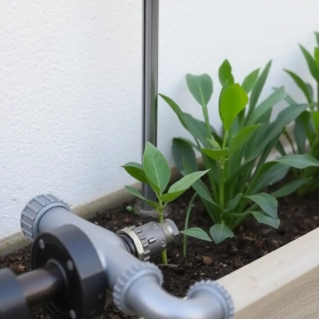 Close-up of a drip irrigation system installed in a wooden planter box with green plants growing in soil against a white wall.
