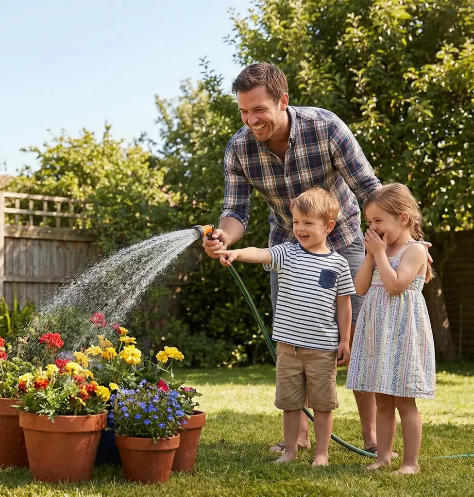 An adult and two young children water potted flowers in a garden on a sunny day, with the boy holding the hose and the girl watching.