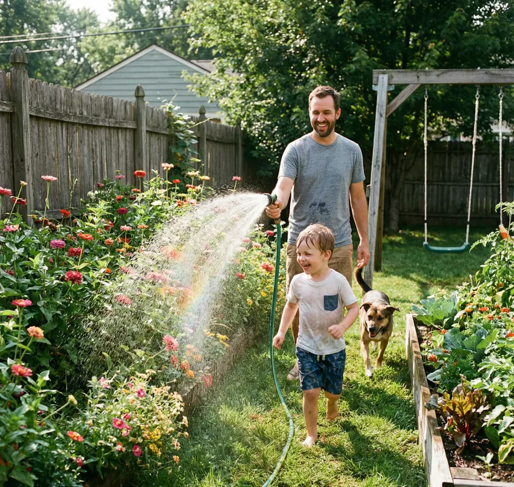 A man waters garden flowers with a hose, creating a rainbow. A smiling child and a dog walk nearby in a sunny backyard.