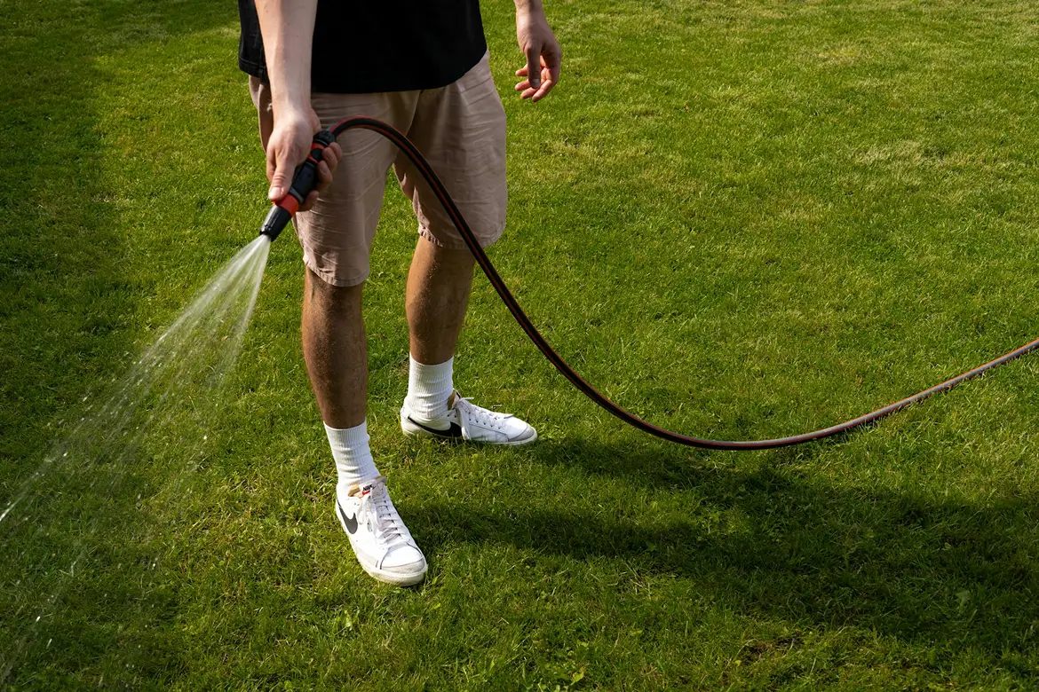 A person wearing shorts and sneakers is standing on grass, watering the lawn with a garden hose.