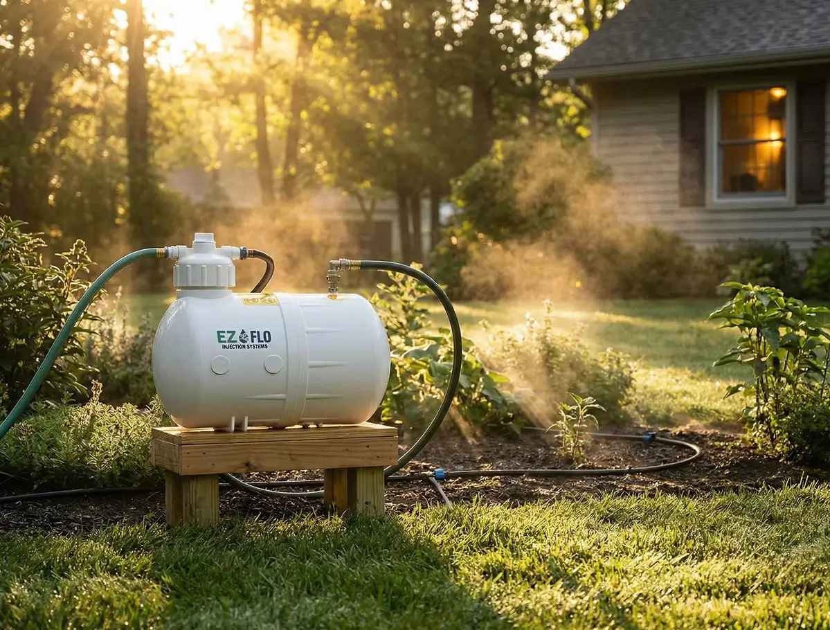 A white EZ-FLO fertilizer tank is connected to a garden irrigation system, spraying mist over plants in a sunlit yard near a house.