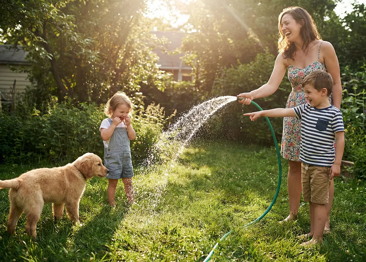 A woman sprays water from a garden hose while two children and a golden retriever puppy stand nearby in a sunny backyard.