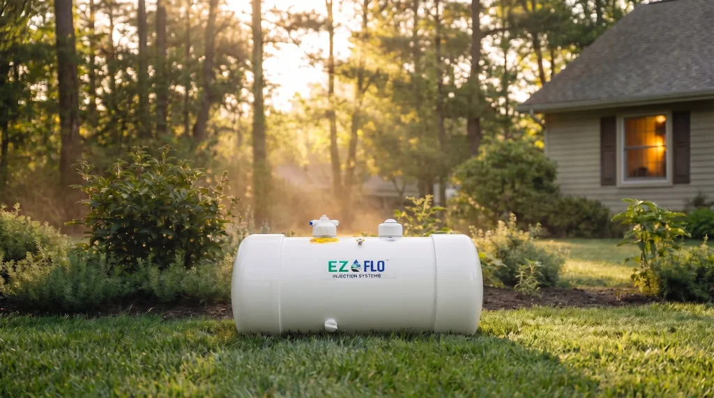A white EZ-FLO injection system tank sits on grass in a landscaped yard with morning sunlight streaming through trees.
