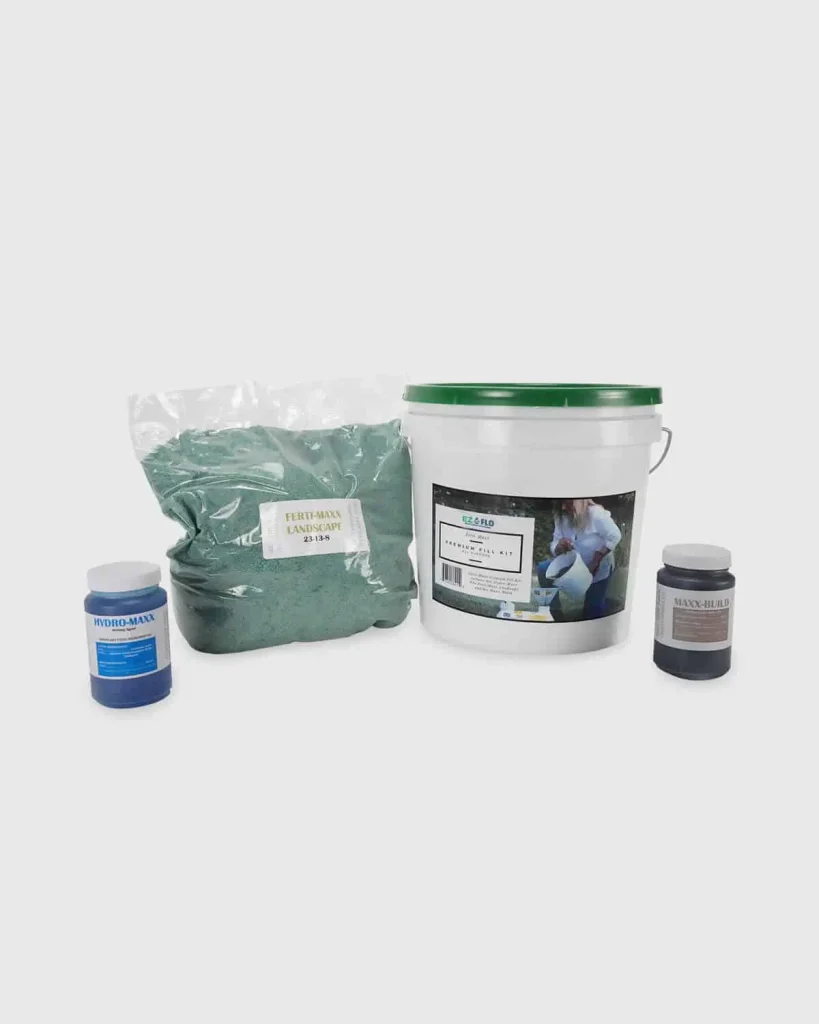Four lawn care products are displayed against a plain background: a bag of green lawn mix, a white bucket with a green lid, and two small bottles containing different substances.